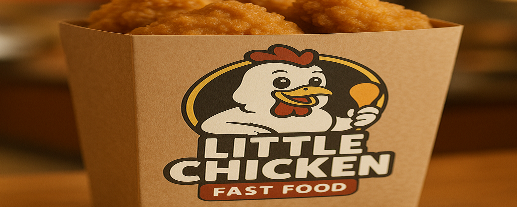 Close-up of a brown paper box with Little Chicken logo featuring a chicken holding a drumstick, fried chicken in background